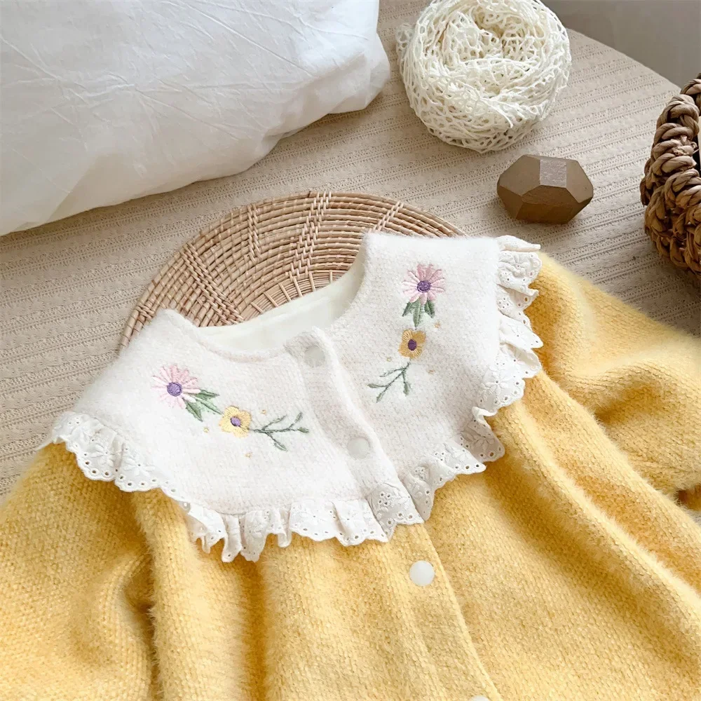 2024 Winter Infant Baby Girls Cute One-pieces Kids Ruched Embroidery Flower Thick Plush Warm Jumpsuits , Newborn Romper 0-24M