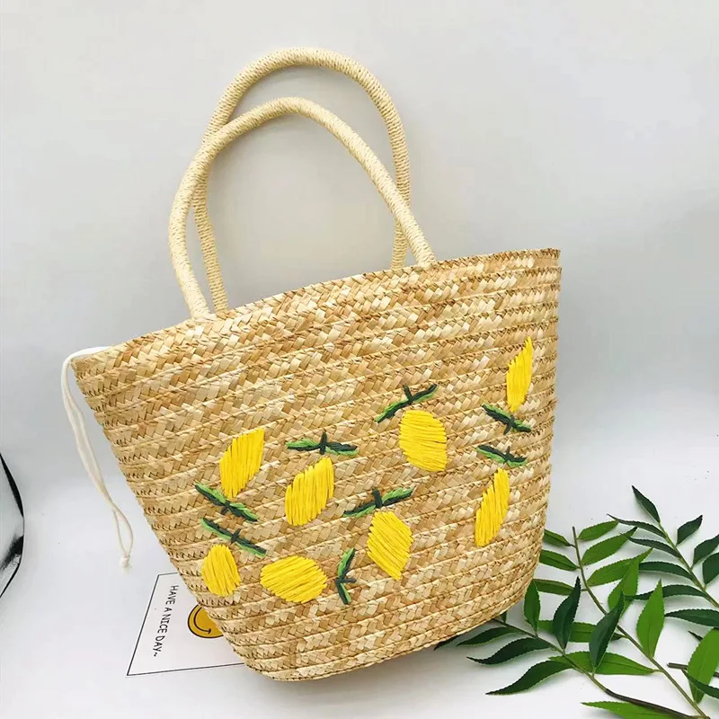 

Summer Large Capacity Straw Bag Fashion Lemon Embroidery Casual Shoulder Bag Female Holiday Travel Beach Tote Bag Bolsa Feminina