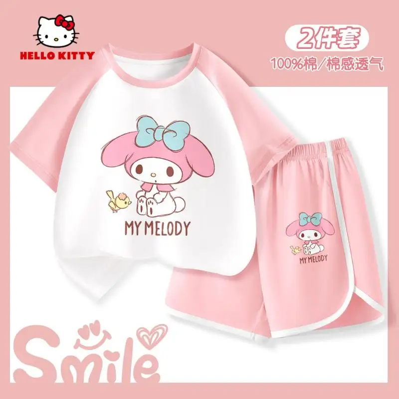 سانريو مرحبا كيتي فتاة الصيف دعوى القطن الخالص تي شيرت السراويل الكرتون الطباعة الراحة ملابس الأطفال Kawaii نمط جديد حار