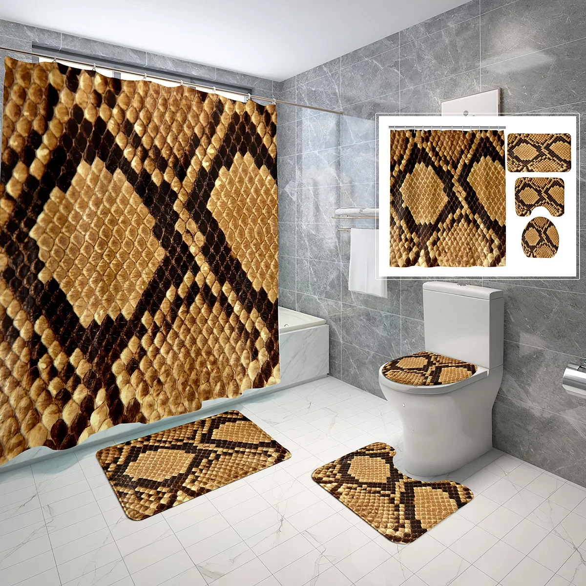 4 PCS Snakeskin Pattern Shower Curtain Sets,Animal Texture Bathroom Waterproof Bath Curtain,Non-Slip Bath Mat Toilet Cover Sets