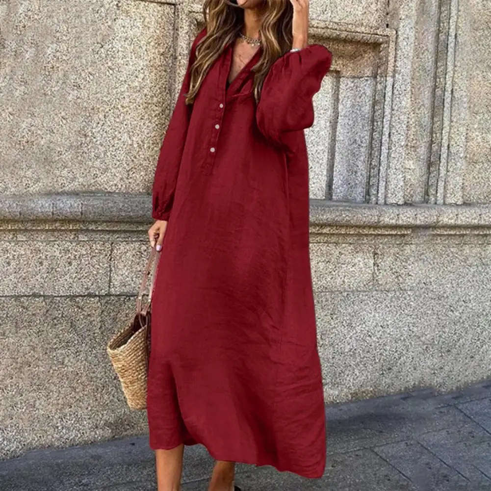 

Cotton Linen Long Sleeves Dress Women Elegant V-Neck Single-breasted Shirt Style Women Dress Female Clothing Loose Long Dress