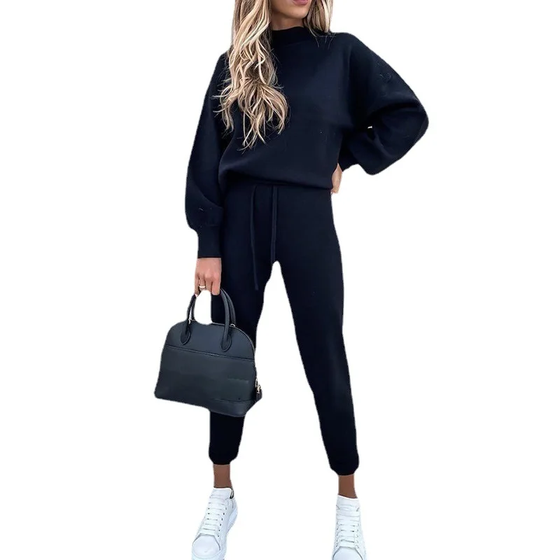 Spring Autumn Women\'s Clothing Set Female Solid Color Casual O-neck Collar Sweatshirt+ Drawstring Pants Lady\'s Two-piece Set