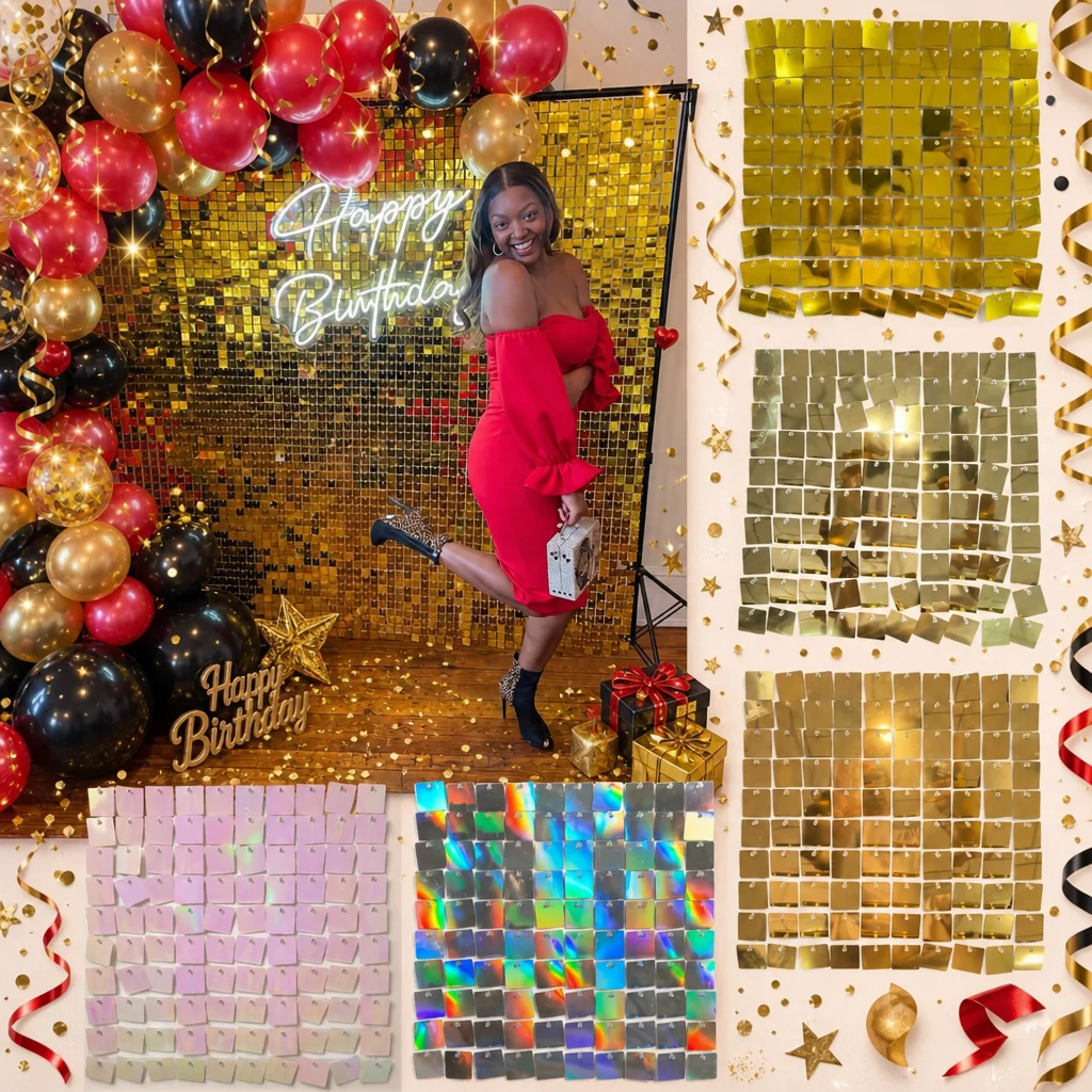 Sequin Fabric Panel - Quadratische Schimmer-Wanddekoration 6-24-30 Stück Glitzernde Goldene