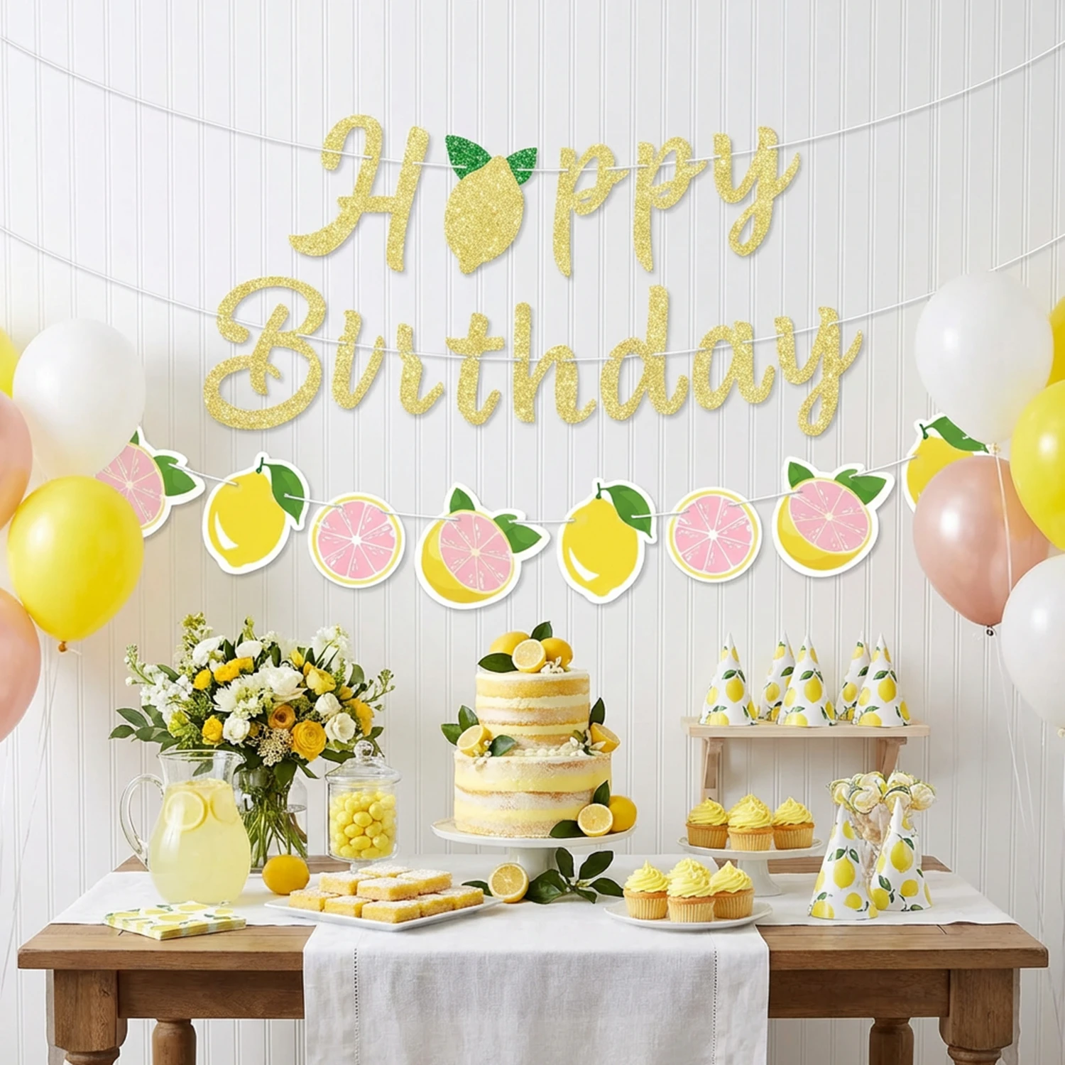 Glitzer-Gold Rosa Zitrone Happy Birthday Banner Sommer-Frucht-Thema Zitrone Baby-Shower Geburtstagsparty Banner Dekorationen