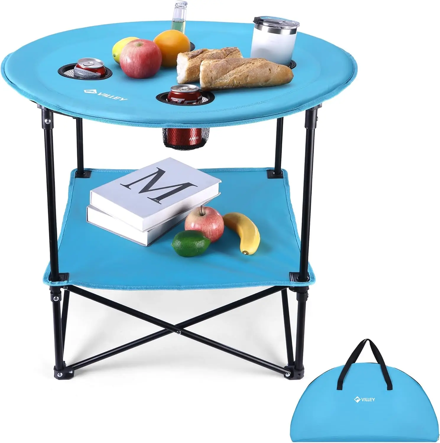 

Folding Camping Table Lightweight Double-Layer Round Table with 4 Cup Holders and Carry Bag Portable Beach Table for Camp Travel