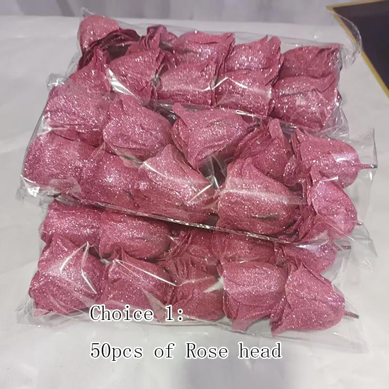 Valentine DIY Bouquet set 50pcs 7cm Valentine Rose head Glitter artificial flower roses Eternal love black gold lover\'s gift