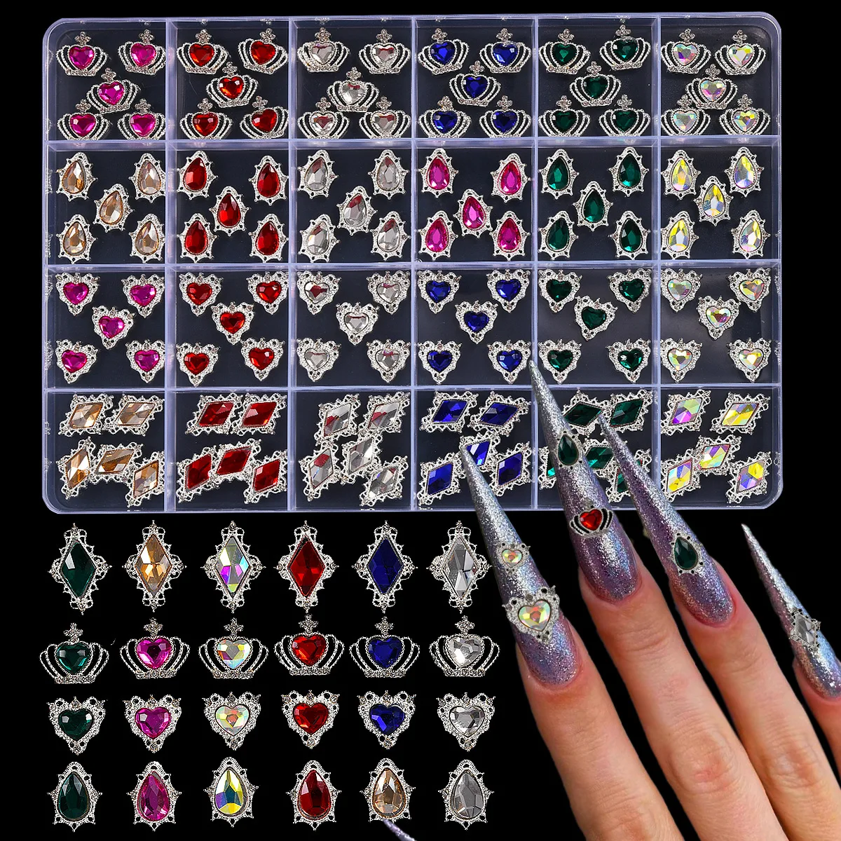 Glittering Rhinestone Nail Decorations in Silver Crown and Waterdrop Shapes for DIY Nail Art