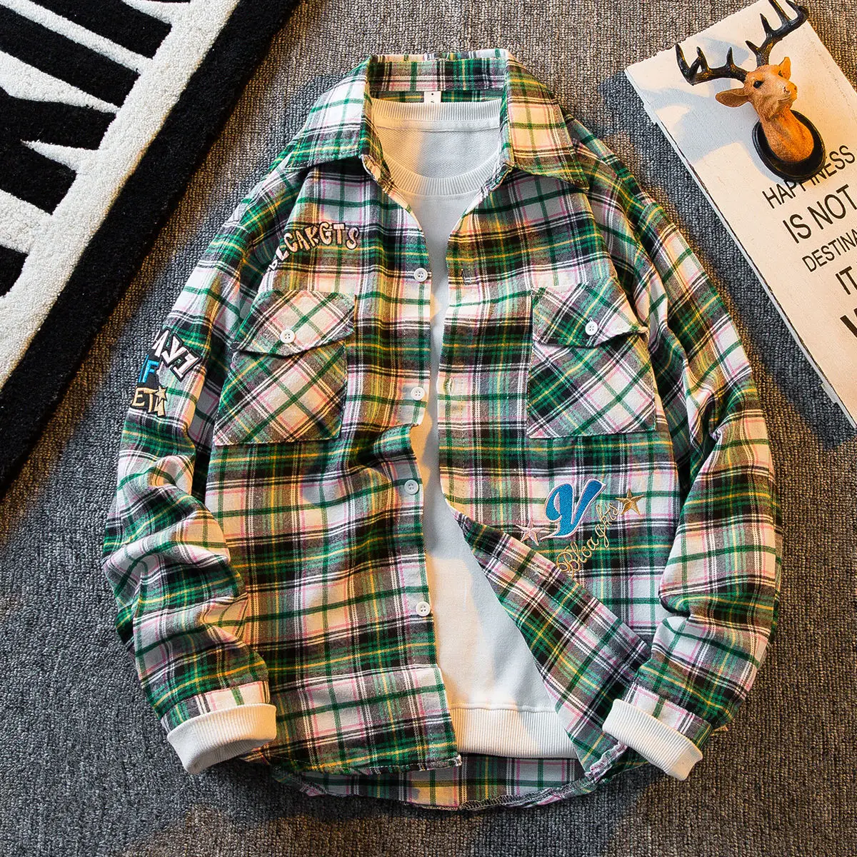 

Men's embroidered letter plaid shirt long sleeved retro loose and versatile shirt men's jacket shirts for men clothing