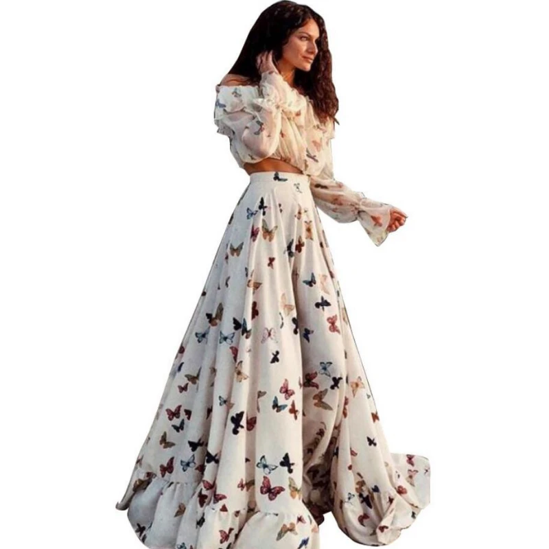 2023 European and American printed two-piece set of Bohemian skirt long skirt beach dress