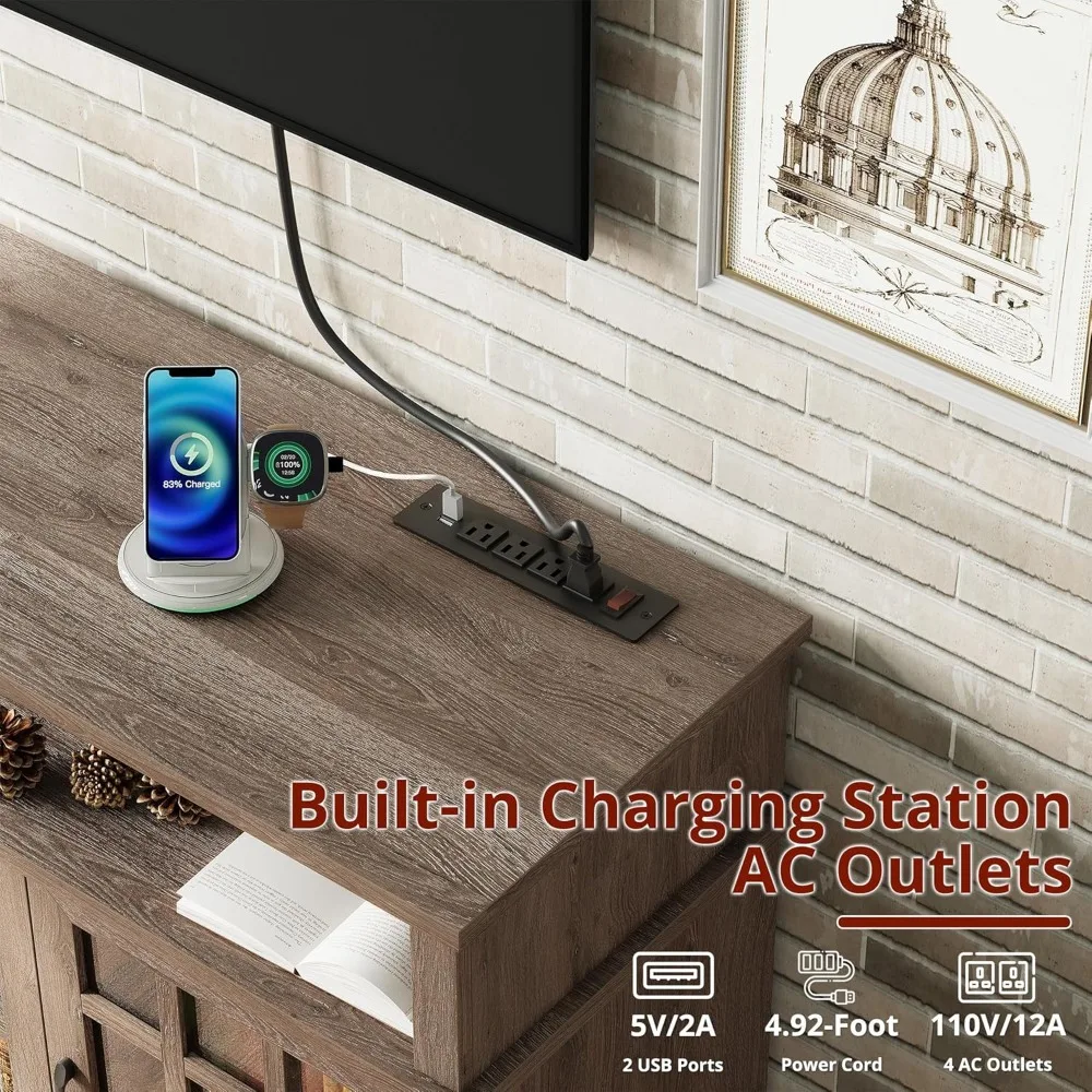 Farmhouse TV Stand for 65 Inch TV, 32“Tall Entertainment Center with Power Outlets, Rustic TV Cabinet with Glass Door Media Con