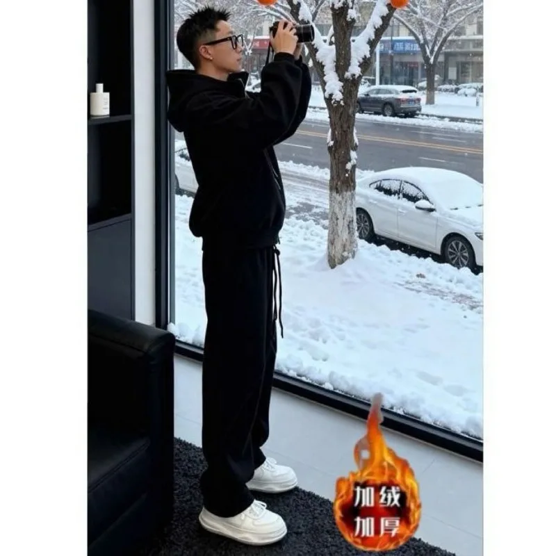 

Осенне-зимний высококачественный американский модный утепленный костюм с капюшоном, свободный мужской спортивный костюм-двойка больших размеров, изысканный