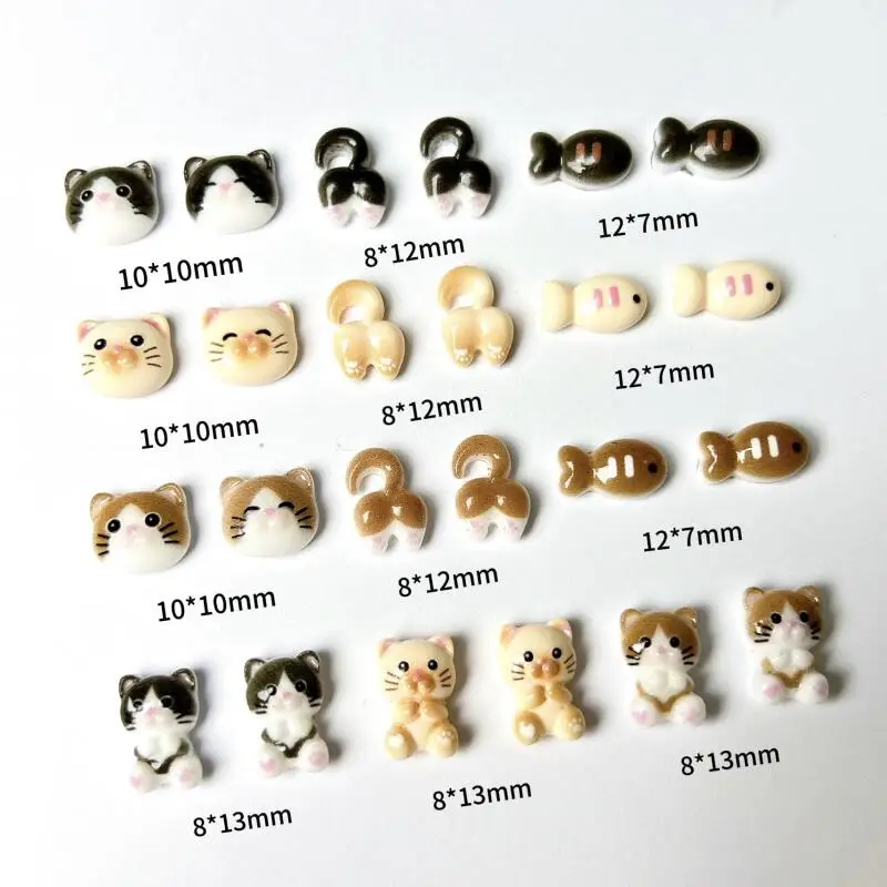 20Pcs Cartoon Cute Cat Head Butt Nail Art Charms Luminous Painting Small Fish Cat Resin Nail Decorations for DIY Hairpin Nails