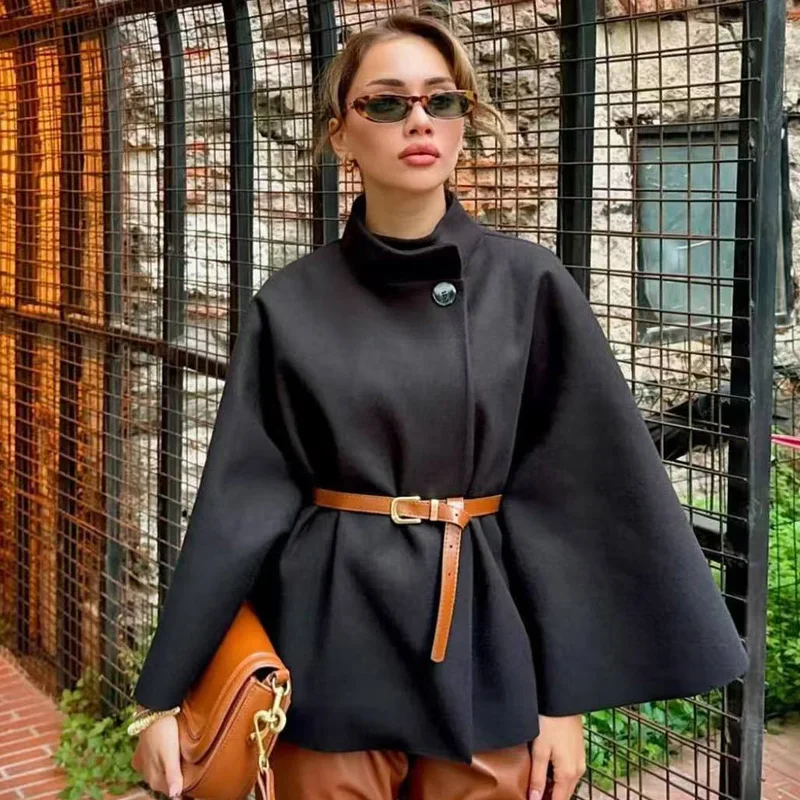 HXAO 2025 Women\'s Jacket Cloak Tweed Jacket Women Wool & Blends Coats Bat Long Sleeve Coats Burgundy Brown Black Cape Outerwears