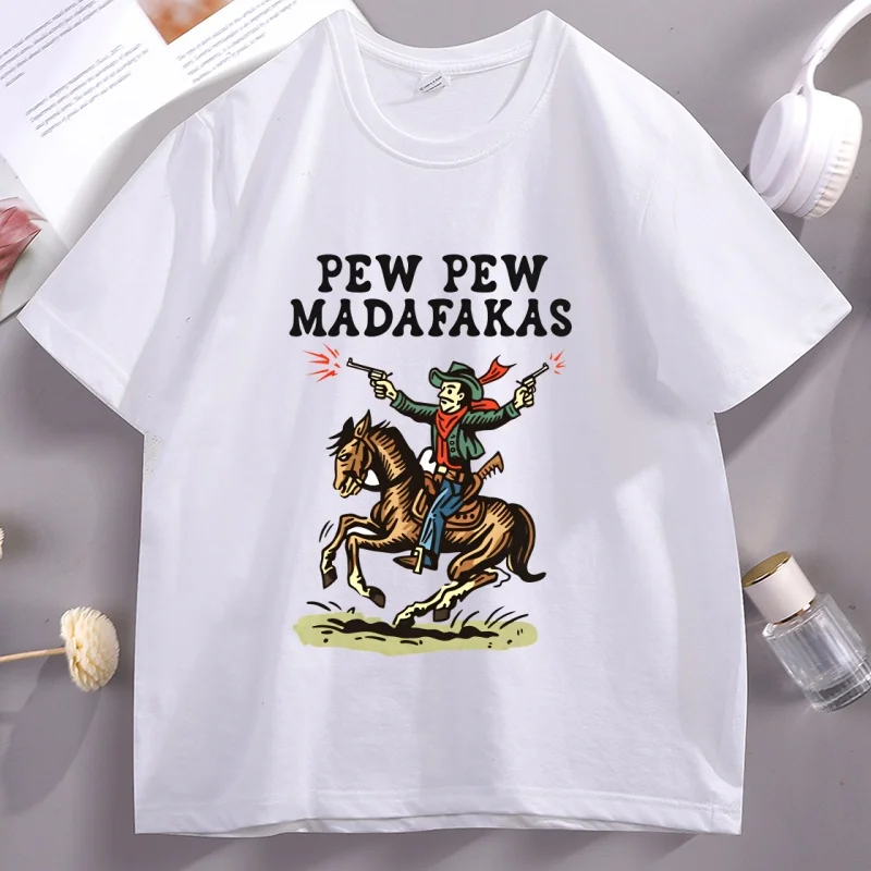 

Retro Cowboy T Shirt Men Women Pew Pew Madafakas Tshirt Funny Western Cotton Short Sleeve Vintage Cowboy Graphic Tee Shirt