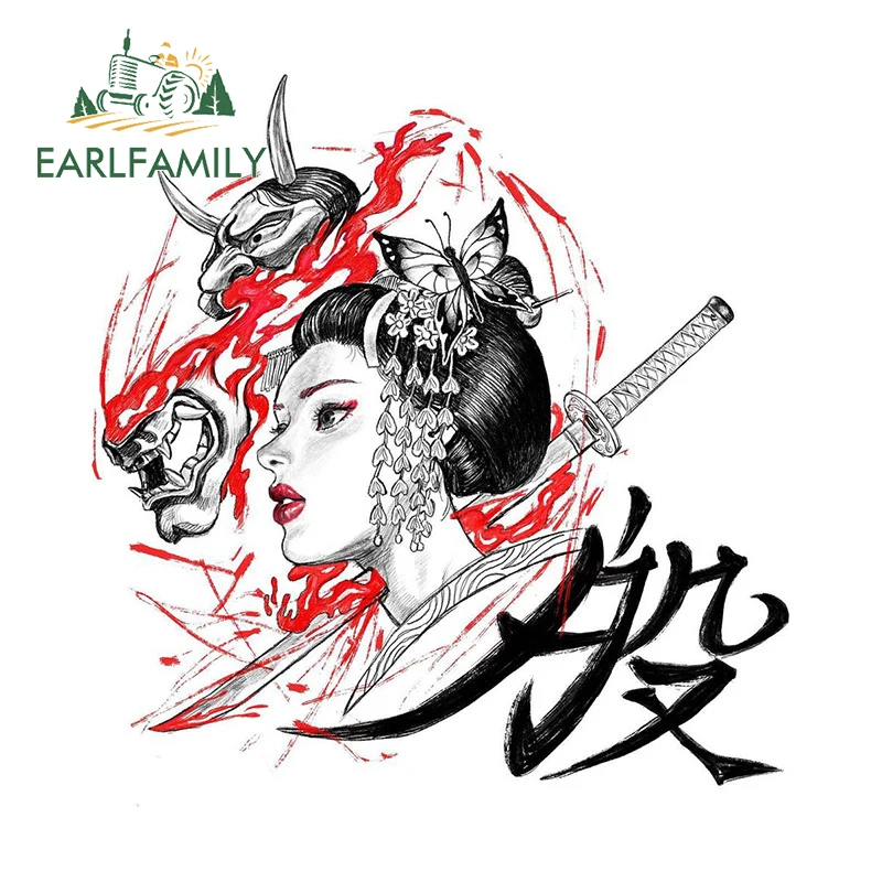 EARLFAMILY 13cm x 12.4cm Japan Geisha Car Sticker Demon Killer Prajna Mask Decal Vinyl Car Wrap JDM Trunk Helmet Decoration