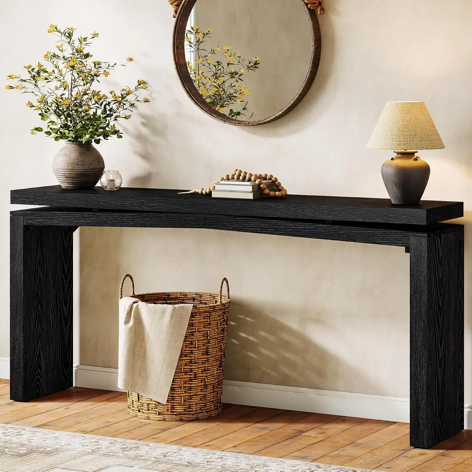 Solid Wood Console Table 63 Inch Long Farmhouse Sofa Behind Couch Entryway Living Room Foyer Easy Assembly Black, Customized