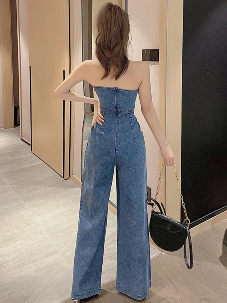 Fashion Summer One Piece Jumpsuit For Women Denim Retro Sexy Halter Sleeveless Femme Mujer Wide Leg Loose Rompers Street Clothes