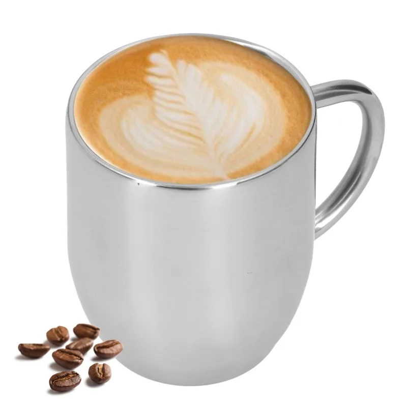 304 Stainless Steel DoubleLayer Coffee Cup Thickening Handle Mark Cup 350ml For Office
