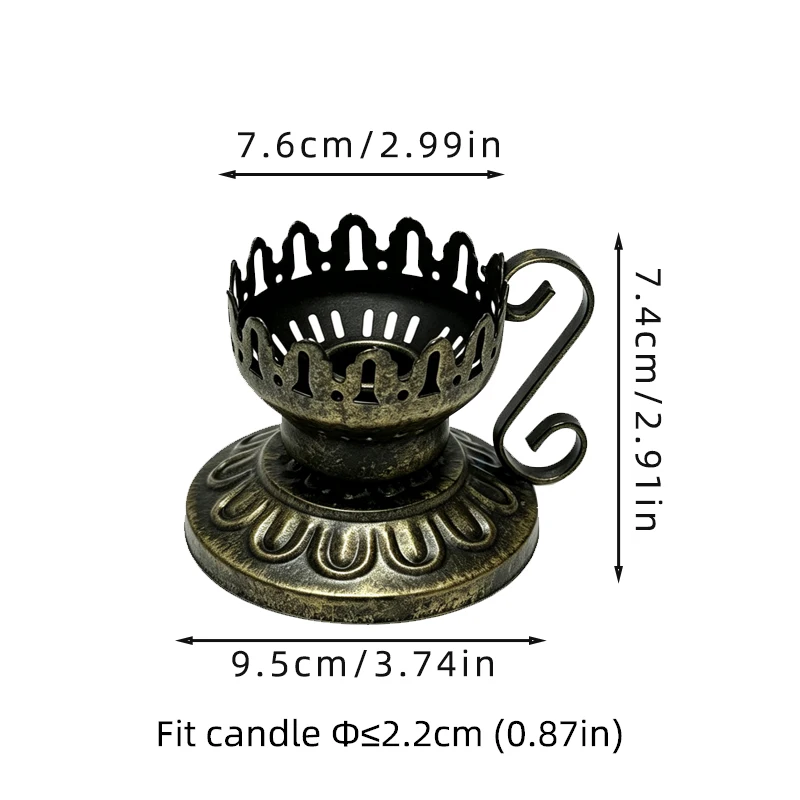 Vintage Antique Bronze, Hollow Lace Cup Shape, Curled Handle, Suitable for Long-Stemmed Candles, Wedding Table and Home Decoration