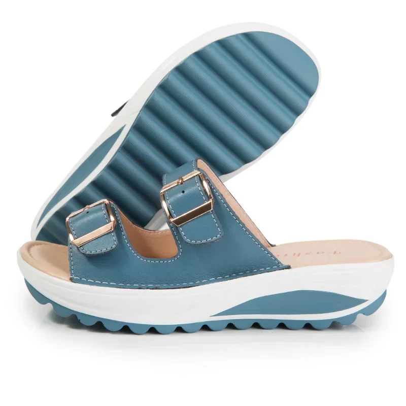 Summer Women Wedge Sandals Belt Buckle Open Toe Vintage Anti-slip Casual Female Slippers Platform Shoes Ladies Loafers