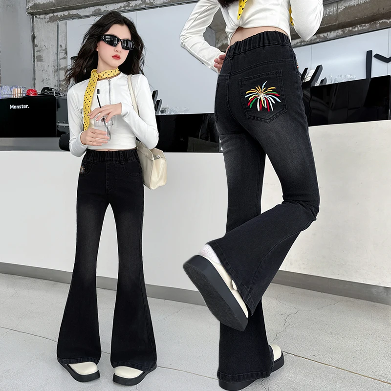 

Fashion Jeans For Girls With Colorful Embroidery Kids Vintage Tight Denim Flare Pants 2025 Spring Autumn Teenage Slim Trousers
