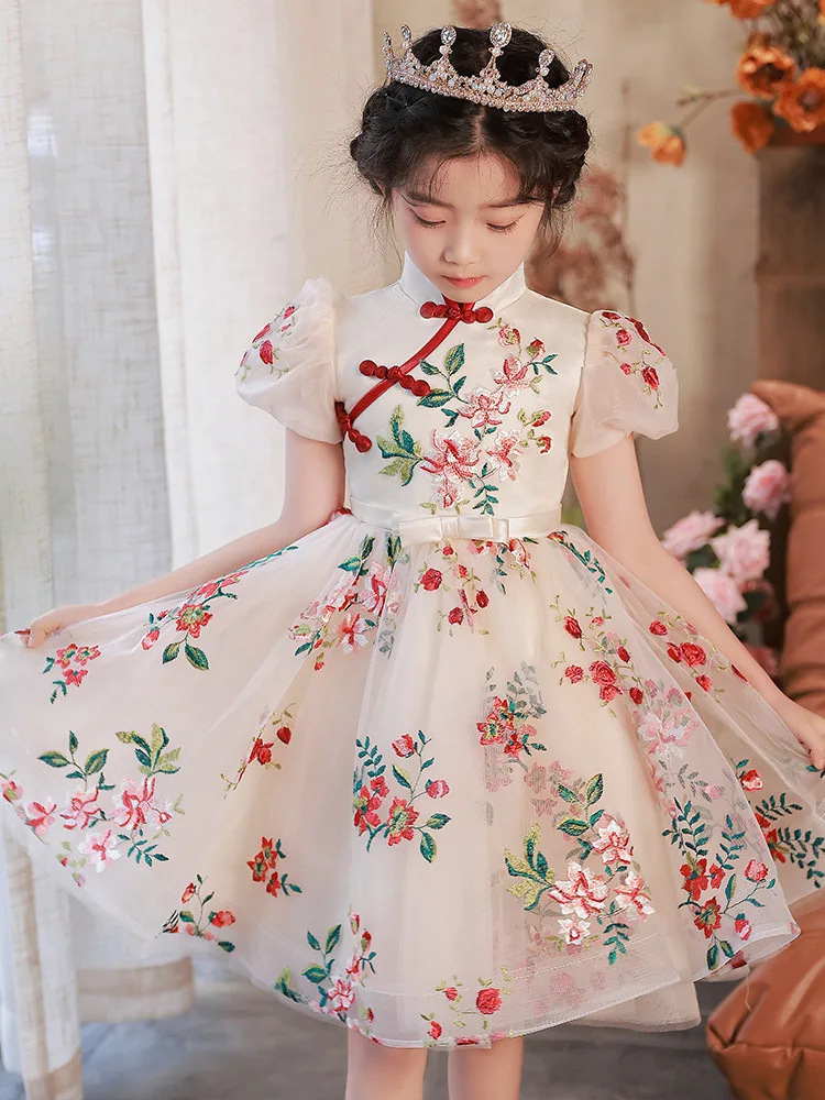 2023 High-end New Kids Dresses Girl Elegant Prom White Embroidery Tulle Gowns Children Grade Graduation Party Wedding Dresses