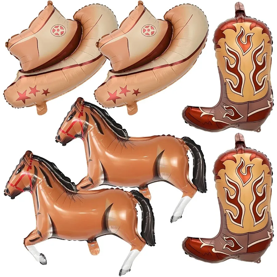 6개 서부 테마 파티 풍선 대형 카우걸 모자 부츠 호우 포일 풍선 카우보이 생일 파티 장식 (원시 서부 테마)