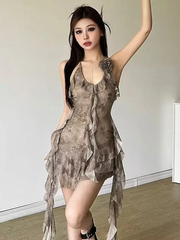 Vestido E e Sexy com Babados e Decote em Camadas, Saia Curta Irregular de Cintura Alta, Estilo Verão para Mulheres