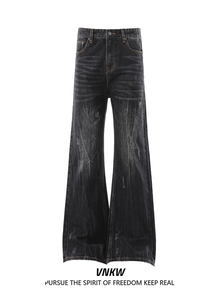 Calça Jeans Micro Flare Preta Lavada com Estampa de Raios Estilo Americano High Street, Perna Reta Solta para Homens e Mulheres