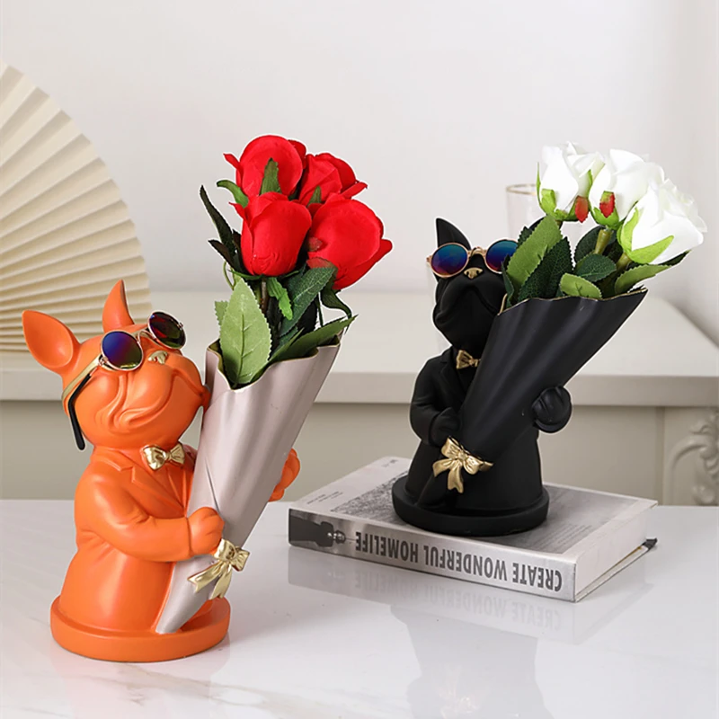 Resin Sculpture Flower Vase for Table Decoration Dog Statue French Bulldog Figurine with Vase for Flower Decoration Home Animal