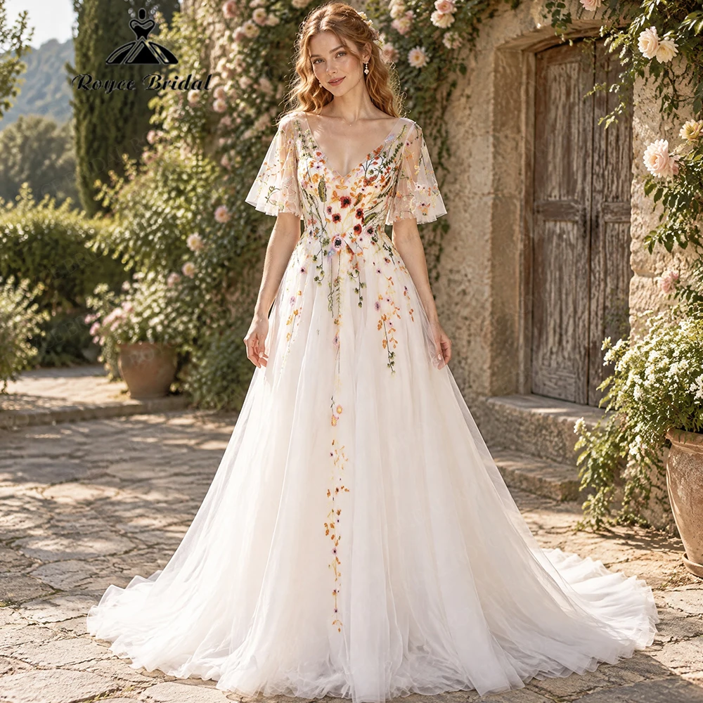 Roycebridal Elegant Appliques A Line Wedding Dresses 2027 Colorful Embroidery Backless Bridal Gown Customized Vestido De Novia