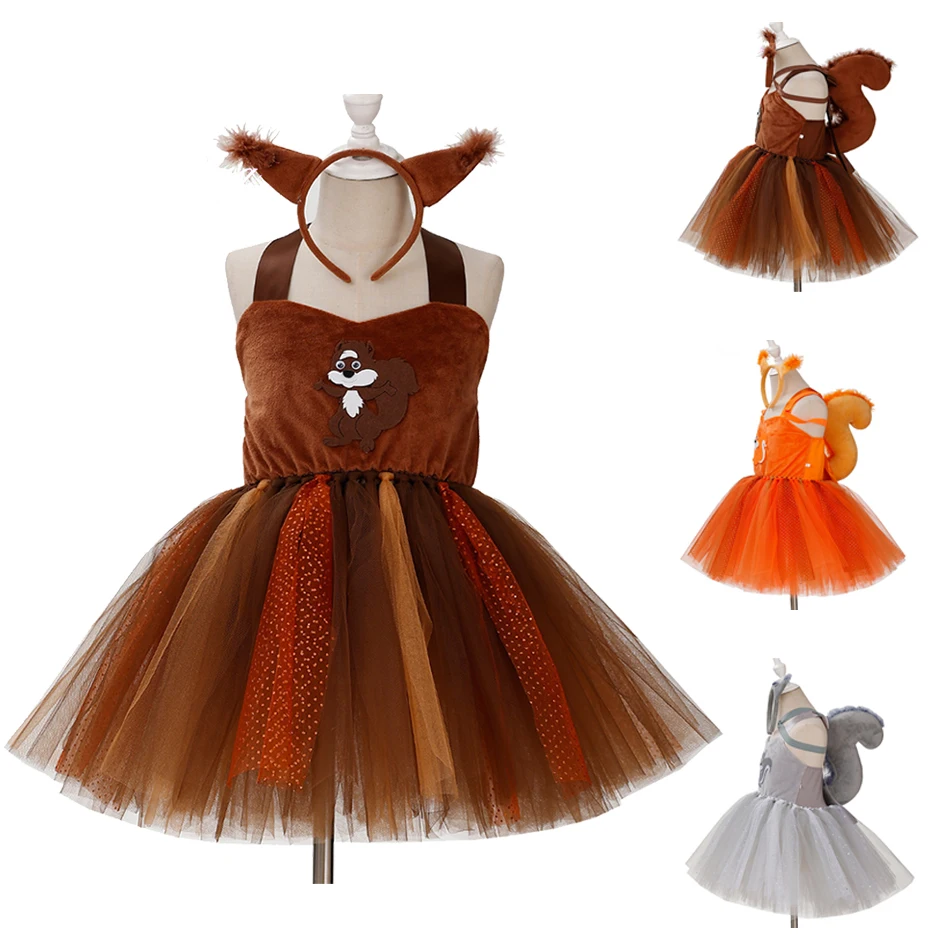 

Girls Cosplay Animal Costume Squirrel Style Sleeveless Mesh TT Dress Three Colors Festival Stage Performance Suit With Headband