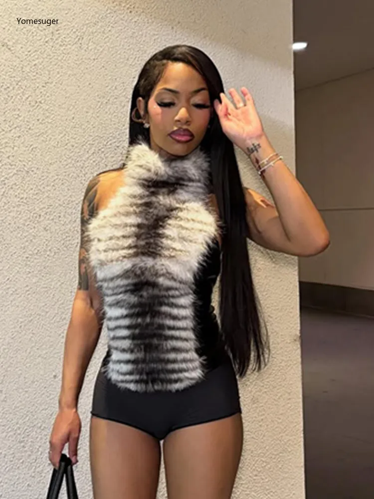 

Yomesugar осенние лоскутные плюшевые топы женские сексуальные топы с лямкой на шее с открытыми плечами модные нечеткие жилеты для вечеринок и клубов Y2K уличная одежда