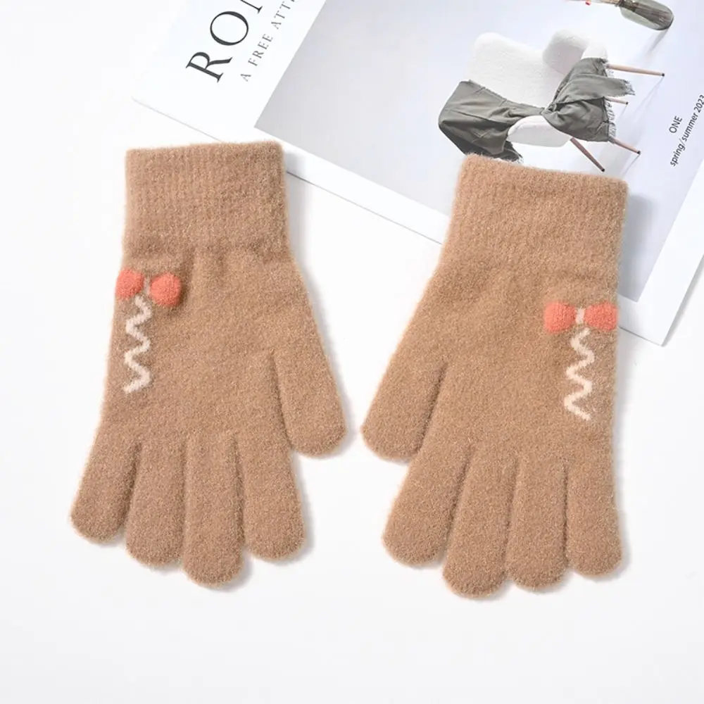 

Solid Color Cute Warm Gloves Fashion Thicken Full Finger Touch Screen Gloves Windproof Nylon Knitted Mittens Cycling