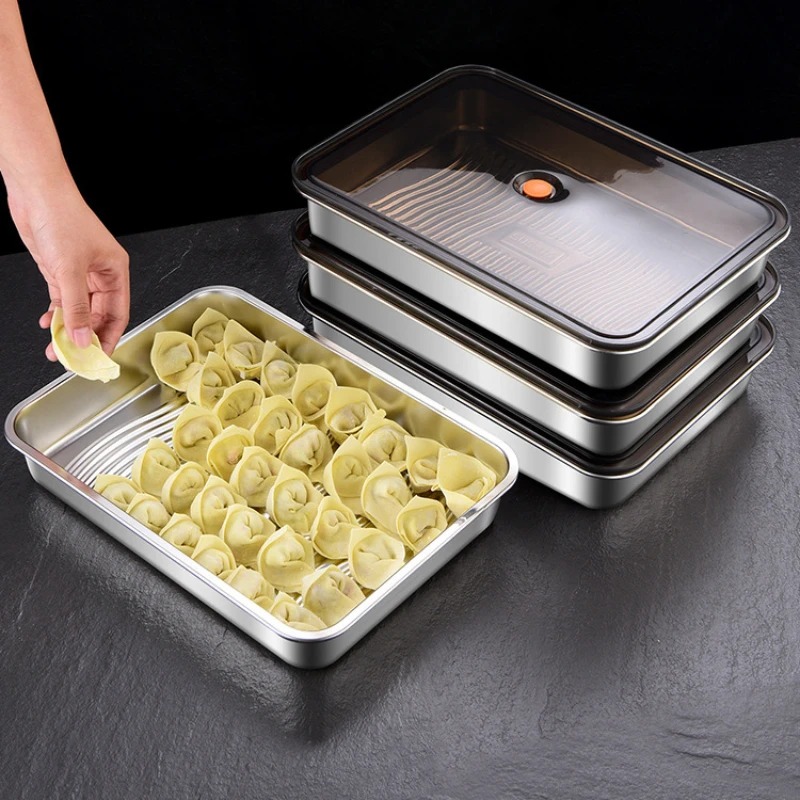 304 Stainless Steel Dumplings Storage Box Food Fresh Tray Refrigerator Organizer Multi-layer Put Wonton Frozen Box