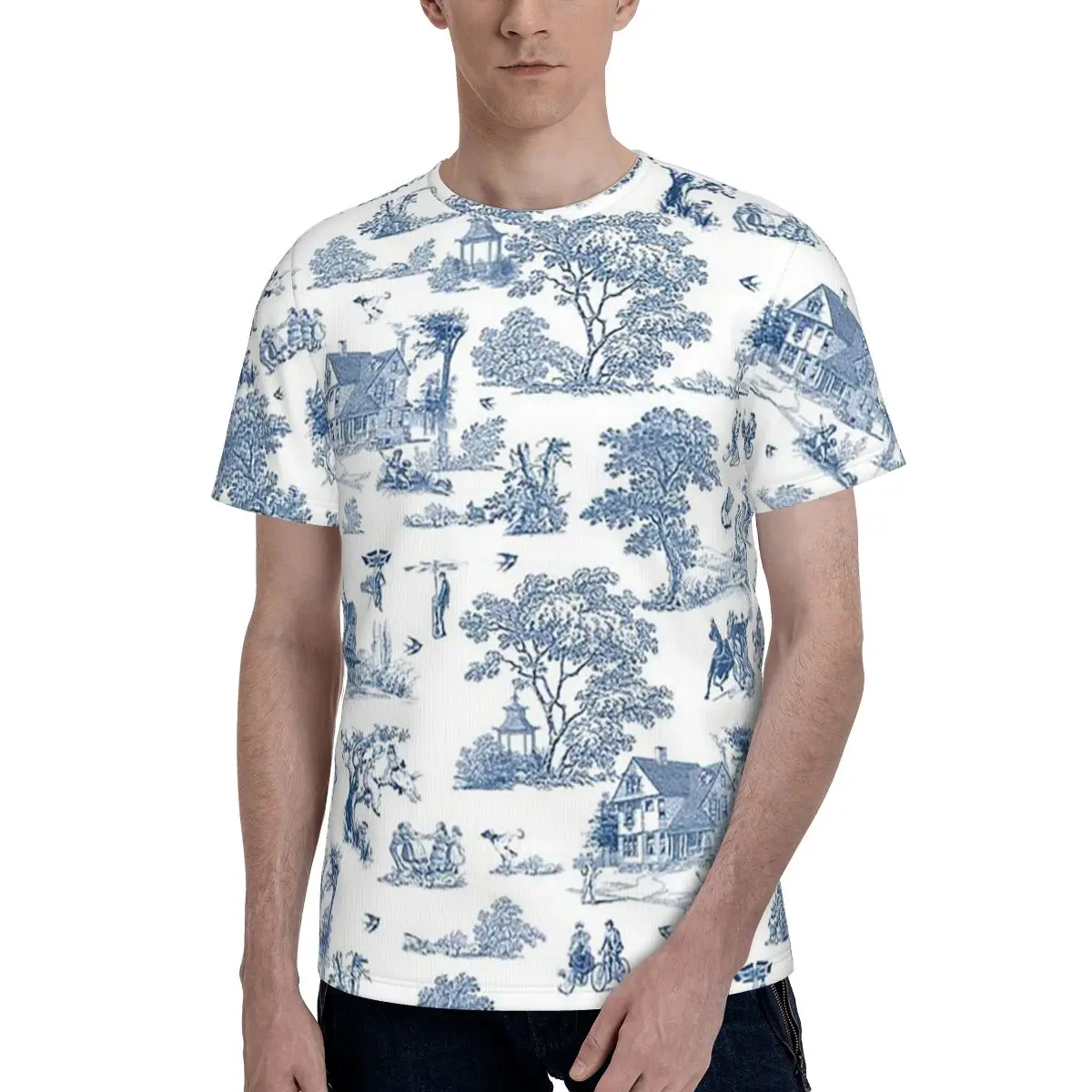 Toile De Jouy French Motif T-Shirt for Men Cotton T Shirts Men's Short Sleeve Round Neck Summer Clothes Tops