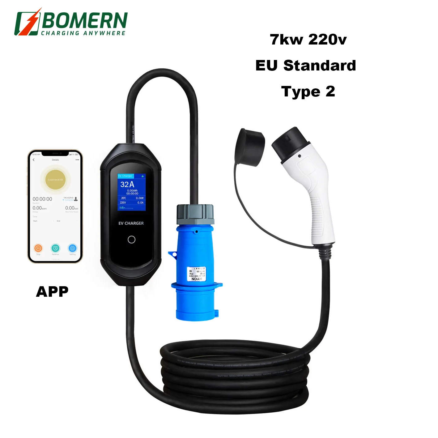 EU standard 7kw evse portable ev charger 32A type 2 220V with APP