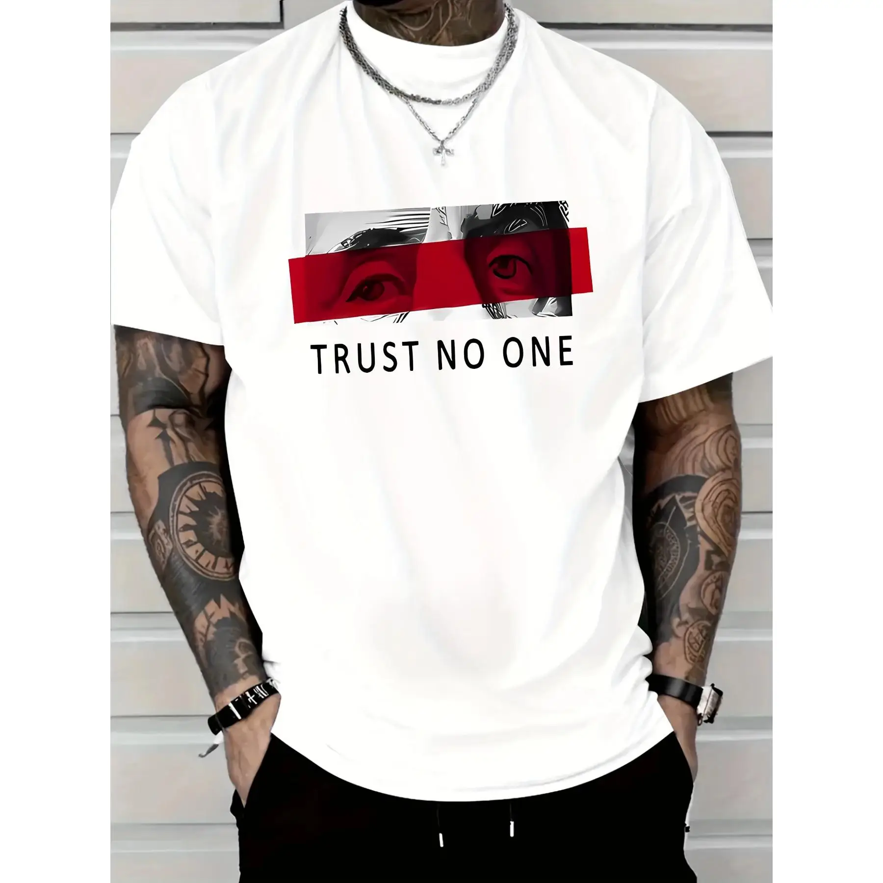 

Trust No One Graphic T-Shirt Men’s Minimalist Eyes Print Red Bar Oversized Streetwear Casual Summer Tee S-3XL