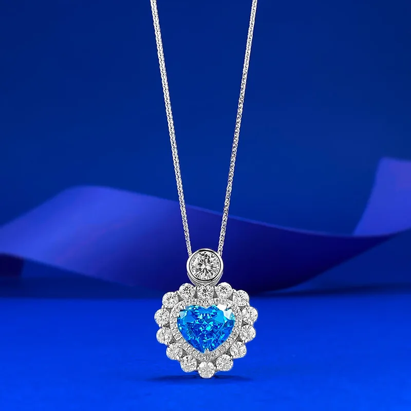

S925 Silver Serenity Heart Artificial Sea Blue Treasure Love Pendant 9 * 11 Ice Flower Necklace