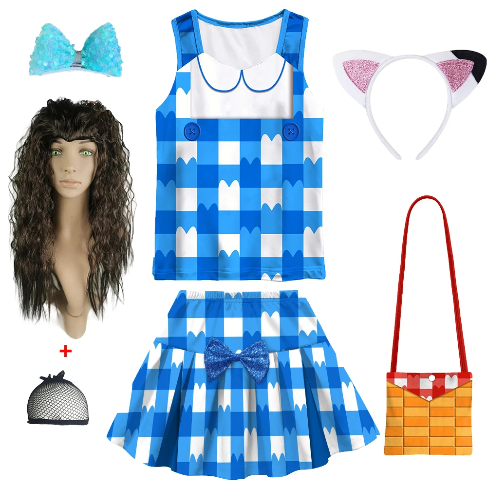 Cartoon Anime Girls Gabby Cosplay Costume Summer Kids Blue Plaid Casual Dress Festival Party Princess Dress Up Cat Ears Headwear