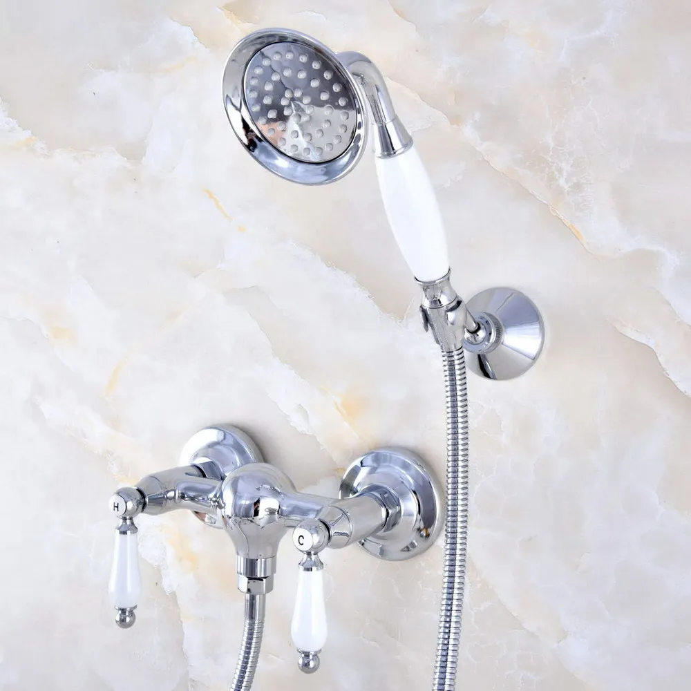 

Polished Silver Chrome Brass Wall Mounted Bathtub Faucet with Handheld Shower Set +1500MM Hose Mixer Tap 2na788