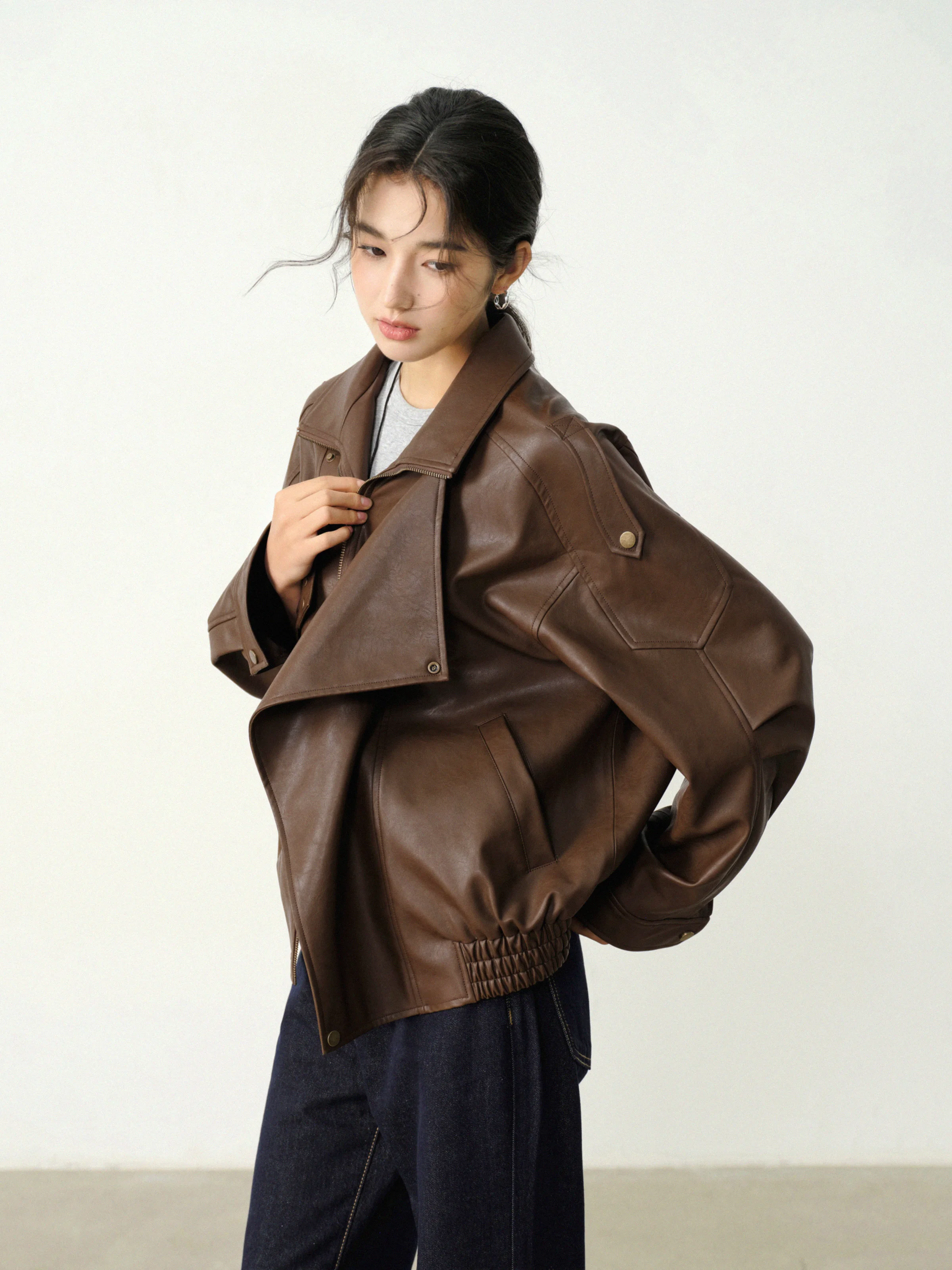 Vintage Brown Leather Jacket Short Moto Biker Coat Women Slim Casual Outerwear Autumn Fashion Retro Cropped Motorcycle Style Top