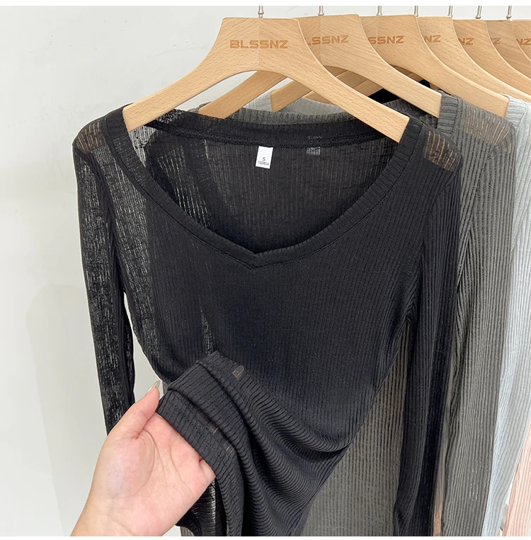 2026 Sommer Neuer Lässiger Stil Transparentes Dünnes Durchsichtiges Überzug-Top Damen T-Shirt V-Ausschnitt Sonnenschutz Langarm T-Shirt – Detail 29