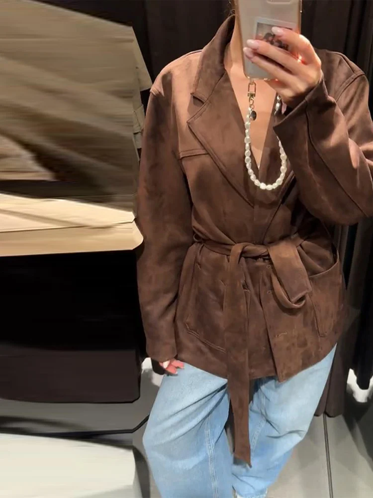 Vintage rue daim vestes femmes revers ample manches longues ceinture manteaux femme automne Chic mode solide vêtements d'extérieur dame