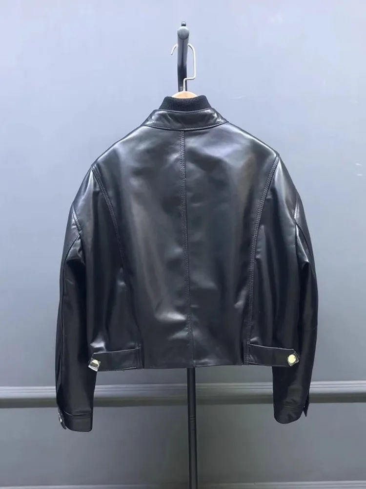 Giacca da donna in vera pelle di pecora vestibilità ampia autunno stile fidanzato con cerniera colletto alla coreana cappotto da motociclista giacche casual