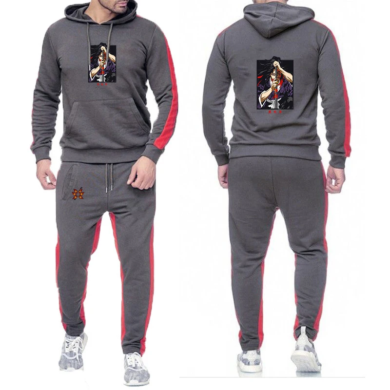 

2026 Spring And Autumn Kokushibo Anime Simple Solid Color Hoodies Men's Demon Slayer Logo Print Drawstring Sports Pants Suits
