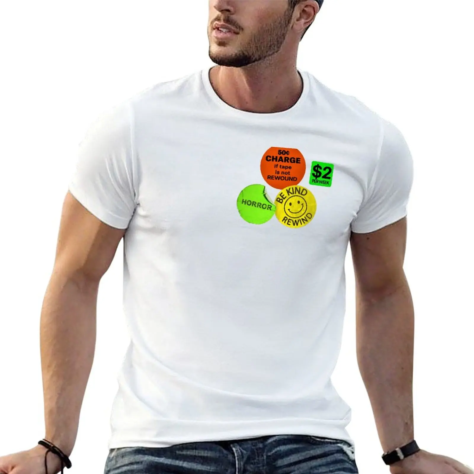 

Be Kind Rewind, Stickers, VHS tape T-Shirt cotton t shirts man 100% funny t shirts cotton T-Shirt
