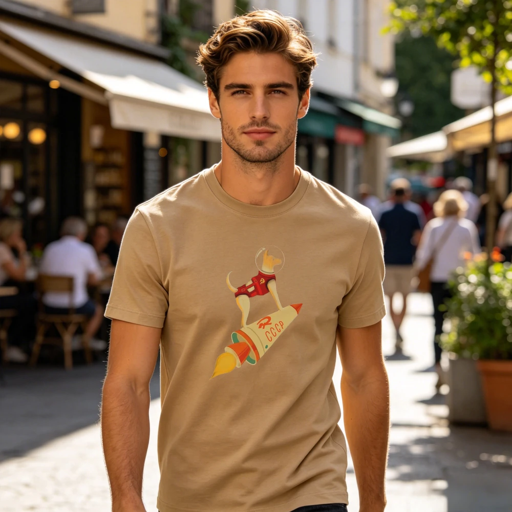 Vintage CCCP Laika The Space Dog Print T-Shirt Retro Soviet Space Casual Top Men Crewneck Cotton Short Sleeve Summer Streetwear