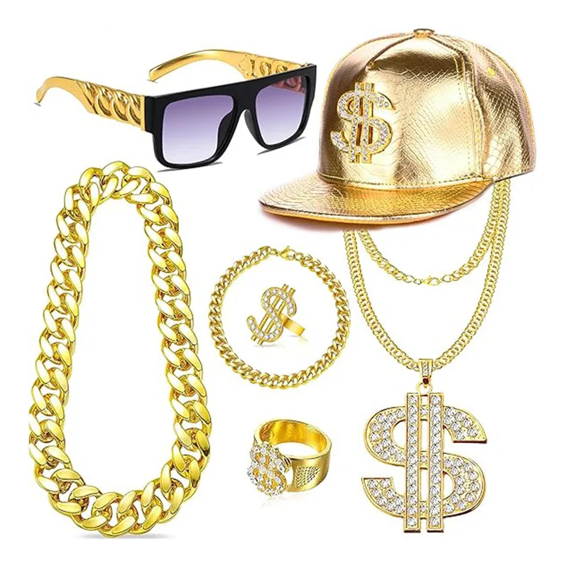Halloween party hip hop pompous future punk style beauty gold necklace glasses ring nightclub dance suit