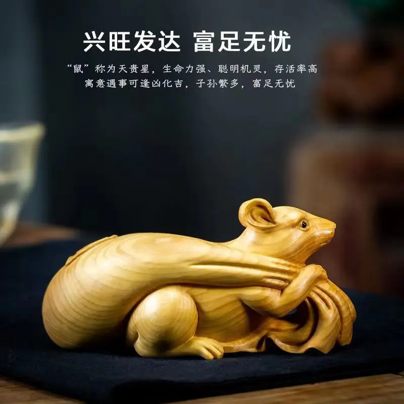 Hand Carved Wood mouse rat money bag Statue Figurine Desktop Ornaments Home Decoration